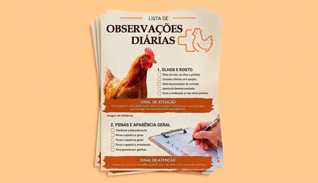 Checklist de observação diária numa prancheta, com ovos e uma galinha ao fundo