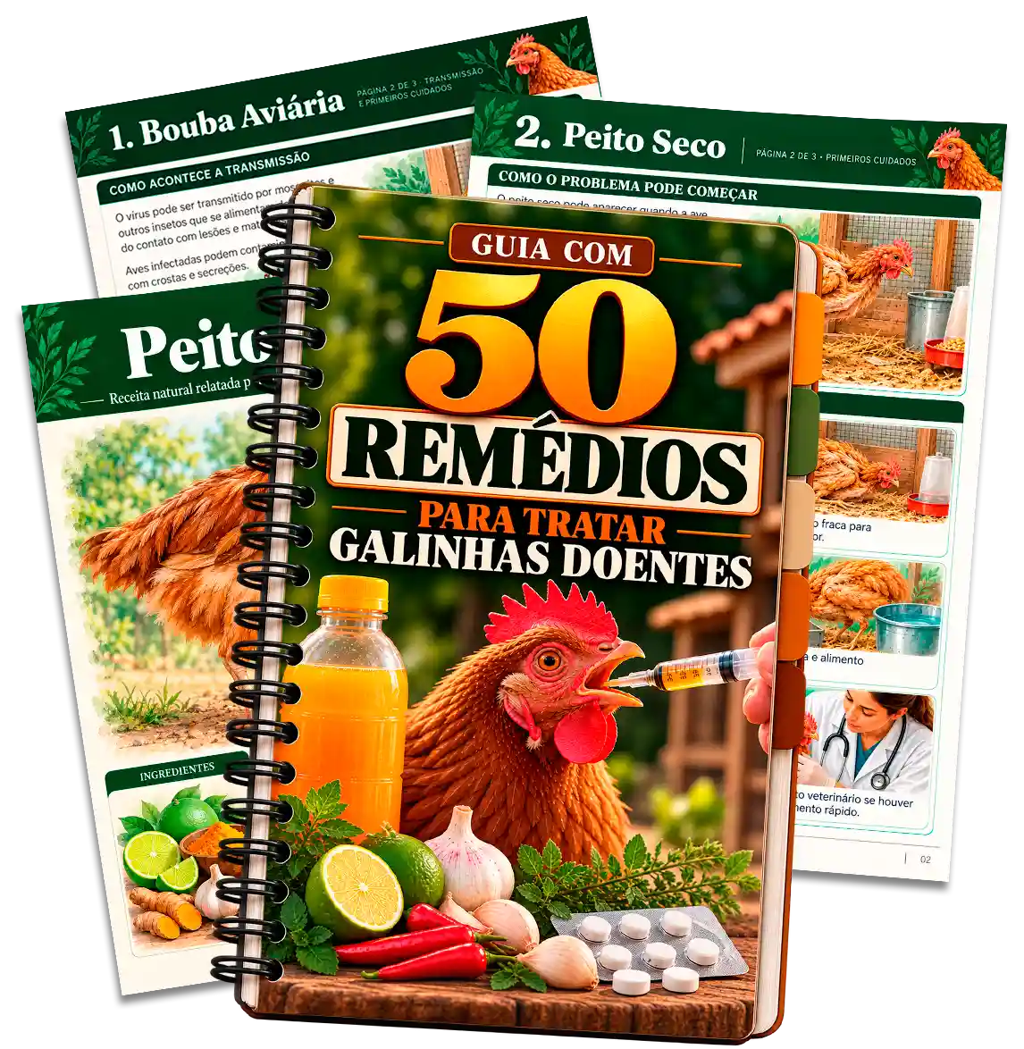 Guia com 50 remédios para tratar galinhas doentes: capa com uma galinha, ervas, limão, alho e remédios, e páginas abertas do guia
