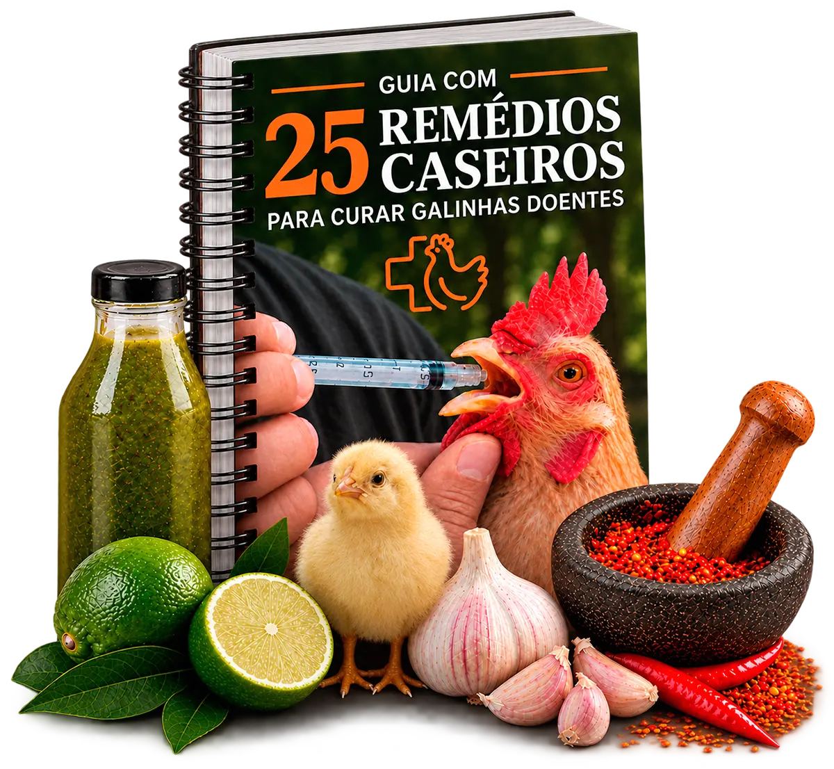 Guia com 25 Remédios Caseiros para Galinha Doente: capa com uma galinha, cercada de limão, alho, pimenta e ervas