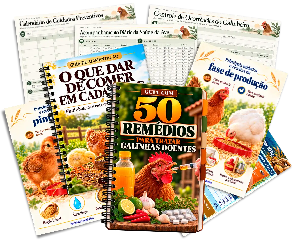 Guia com 50 remédios para tratar galinhas doentes e os materiais bônus: calendário, controle de ocorrências, acompanhamento diário e guias de alimentação