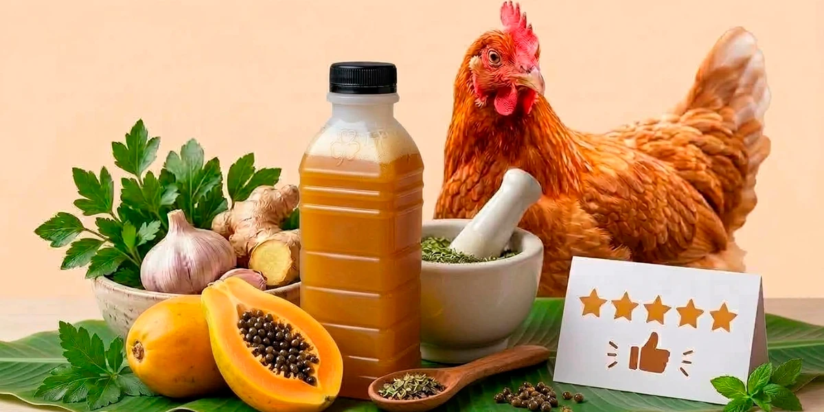 Remédio natural para galinha sendo preparado com ervas, alho e gengibre