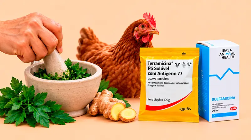 Preparo de remédio caseiro com ervas e gengibre, ao lado de medicamentos veterinários, com uma galinha ao fundo